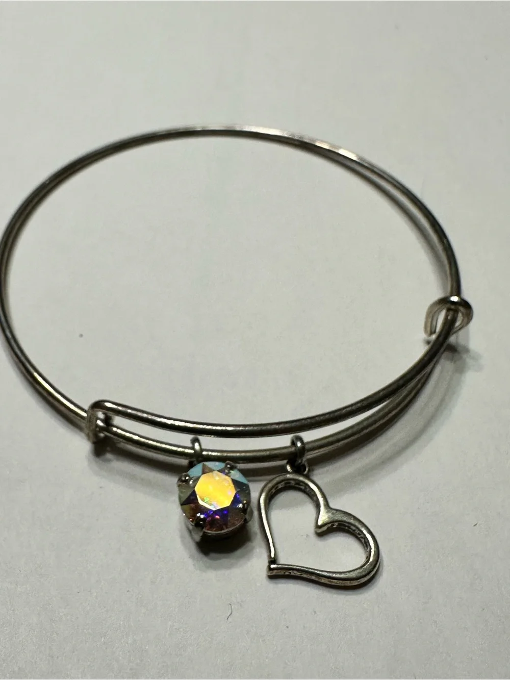 Silver Heart Charm Bangle with Iridescent Crystal